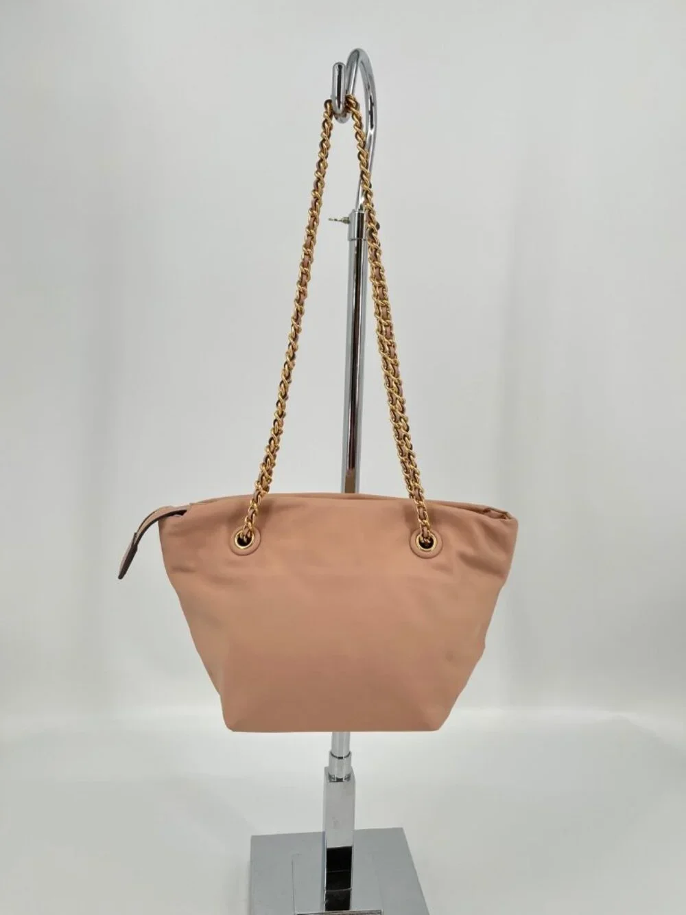 Tory Burch Ella Small Chain Crossbody Pink Sand Nylon Zip Tote Gold Logo Bag